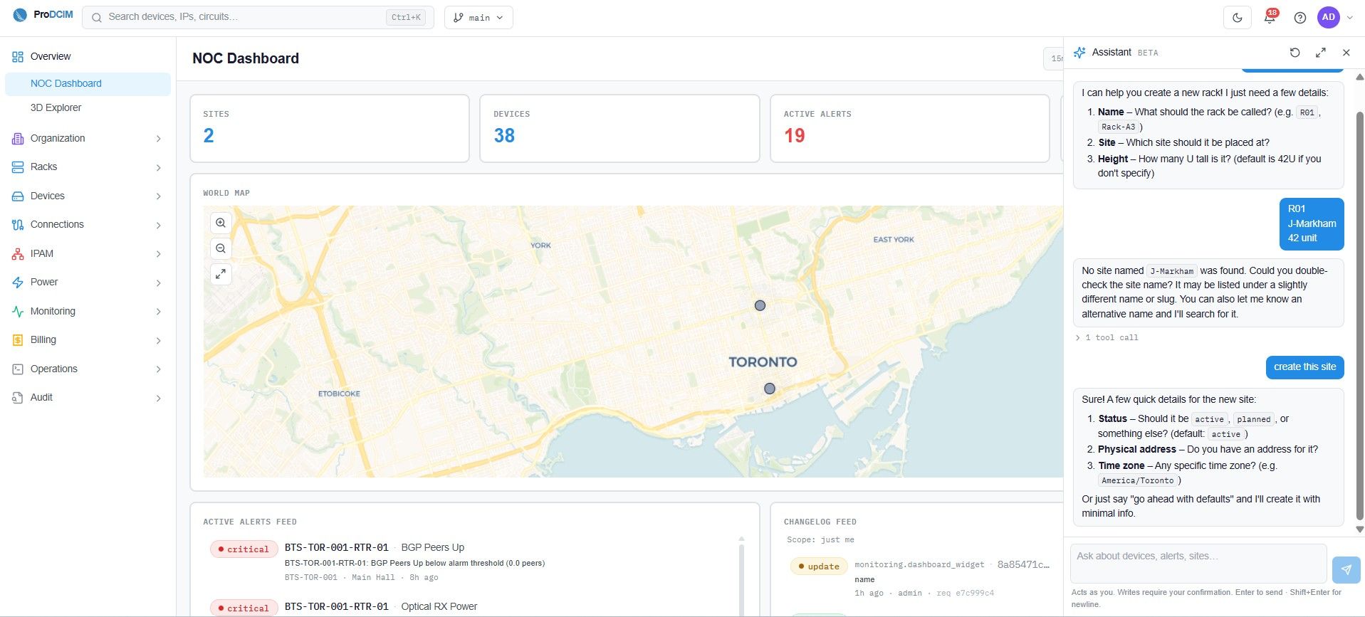 ProDCIM unified platform dashboard, sample data